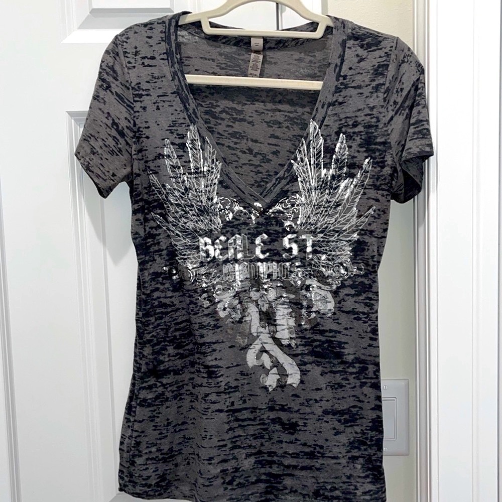 Beale Street Memphis Large angel wing V neck burnout tee t-shirt gray silver EUC